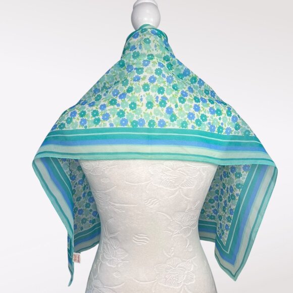 Vintage 60s Glentex Japan Sheer Nylon Floral Scarf Teal Aqua Blue Green Mod - Picture 5 of 10